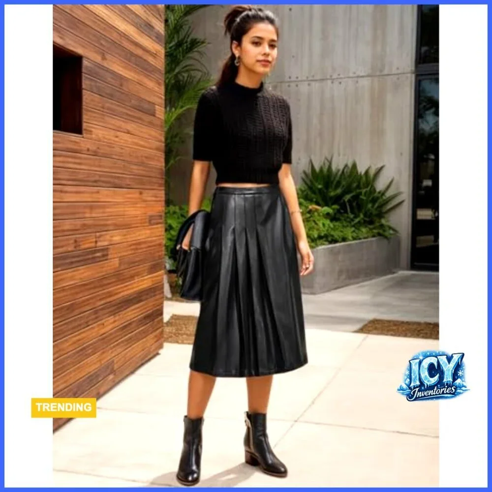 High Waist Pleated Midi Skirt Faux Leather Flare Regular Fit